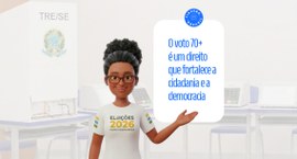 Ilustração de uma personagem feminina negra, com cabelos presos em coque alto e usando óculos, s...