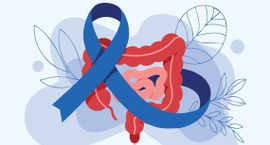 Ilustração em tons de azul e vermelho mostra o intestino grosso em destaque, com o intestino del...