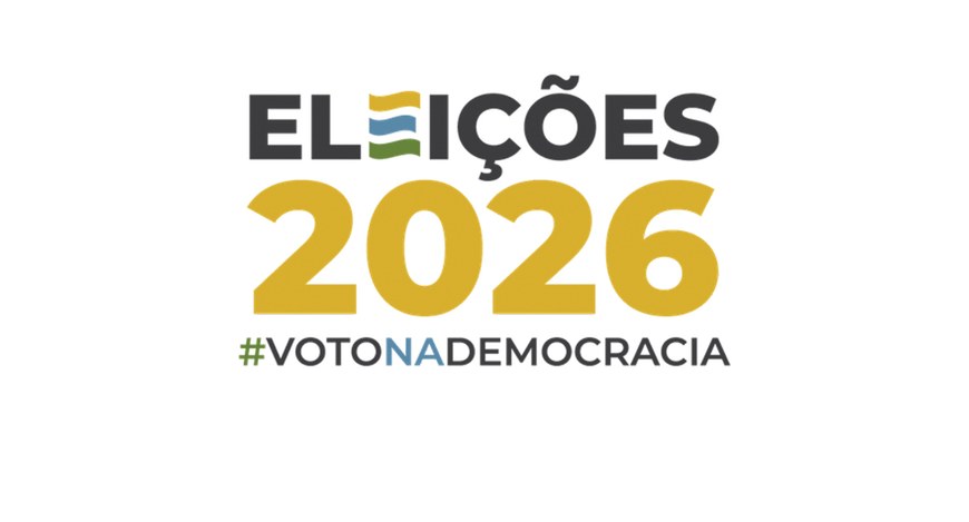 Marca das Eleições 2026 sobre fundo cinza-claro. No centro, a palavra “ELEIÇÕES” em letras preta...