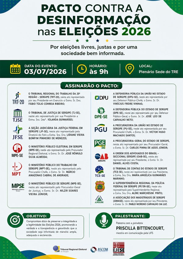TRE-SE promoverá a assinatura do Pacto contra a Desinformação nas Eleições 2026